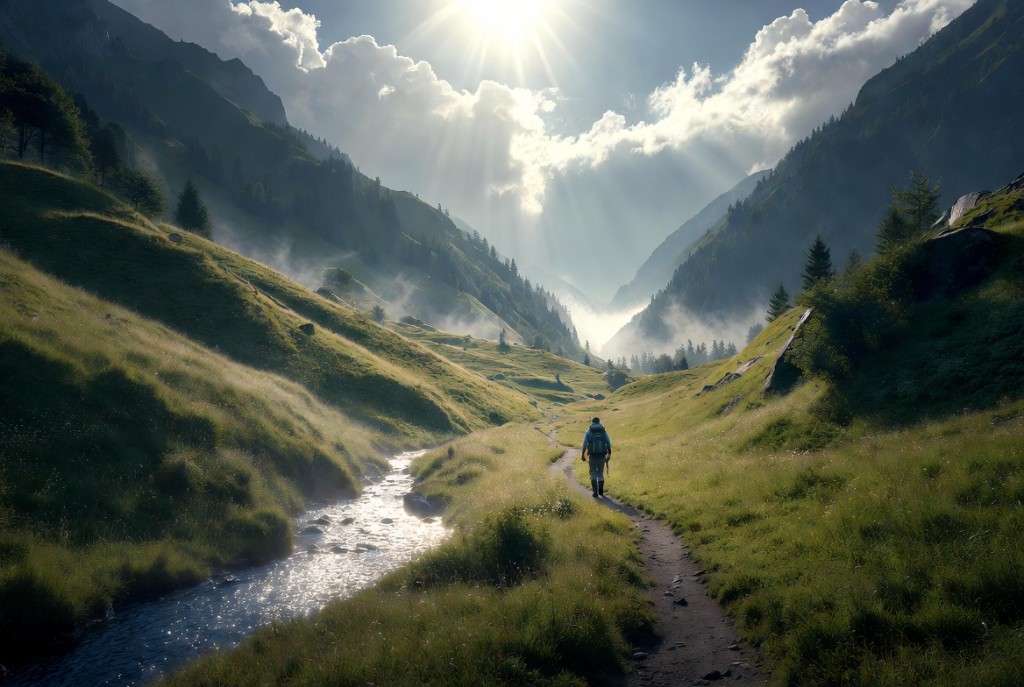 Hiker walking through a mountain valley